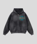 Acid-Wash Zip-Up Hoodie with Graphic Artwork
